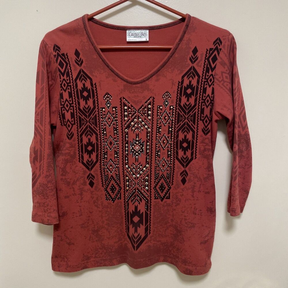 Cactus Bay Womens Boho Aztec Print Top V Neck Burnt Orange Tunic 3/4 Sleeve S